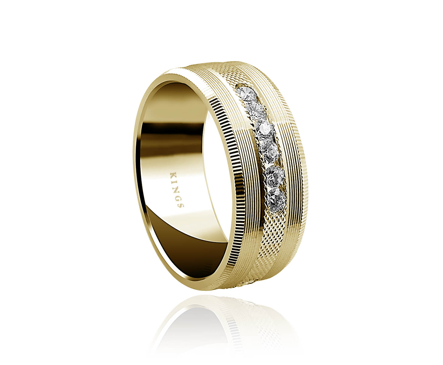 Designer Men's Diamond Ring 8.50mm Textured Yellow Gold Ring with approximately 0.9 carat of brilliant cut diamonds
