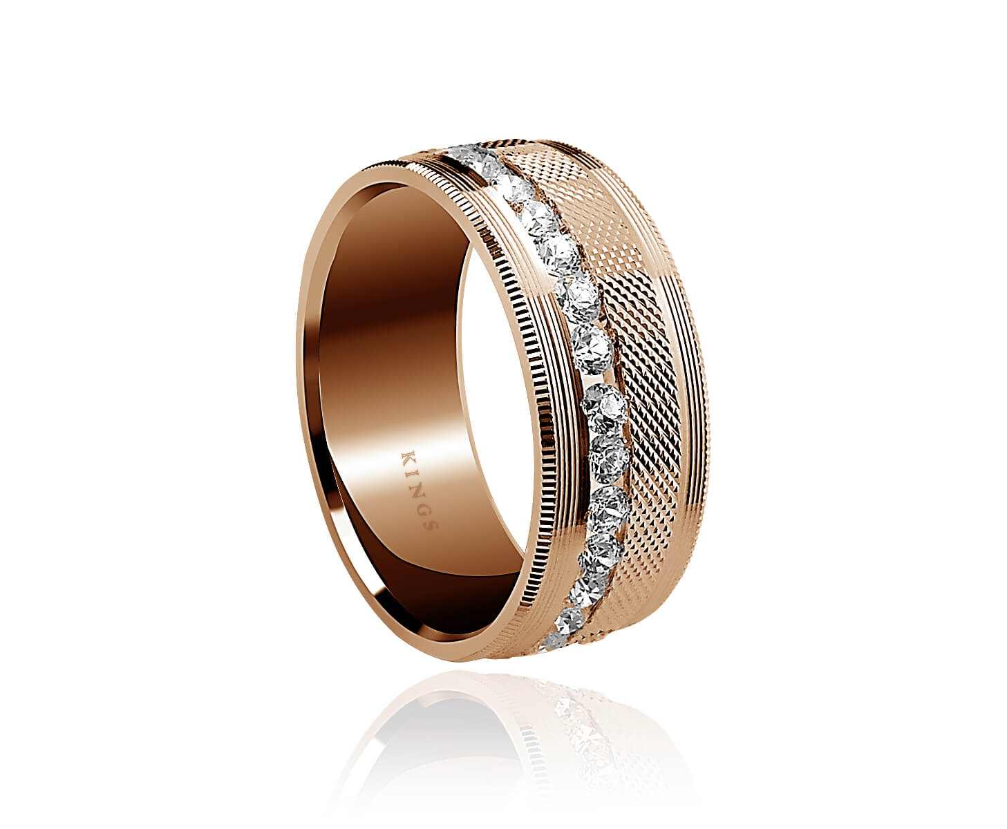 Rose Gold Diamond Band Men's 8.50mm Textured Rose Gold Ring with approximately 1.3 carat of brilliant cut diamonds