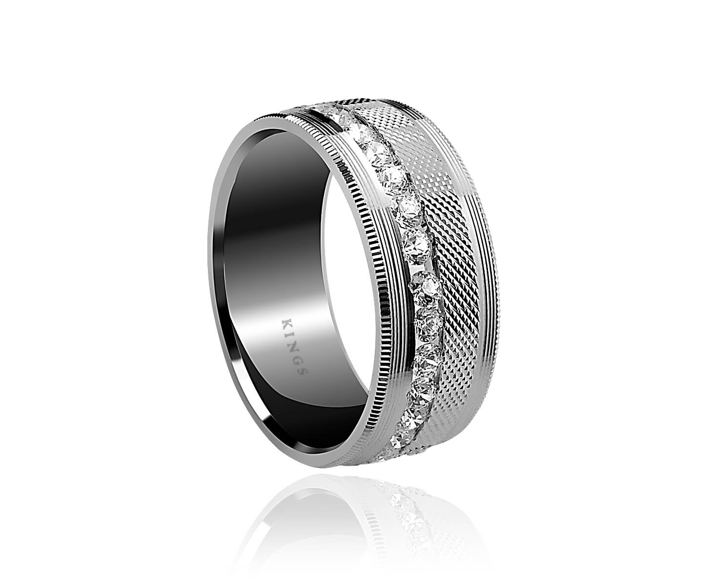 White Gold Diamond Wedding Band Men's 8.50mm Textured White Gold Ring with approximately 1.3 carat of brilliant cut diamonds