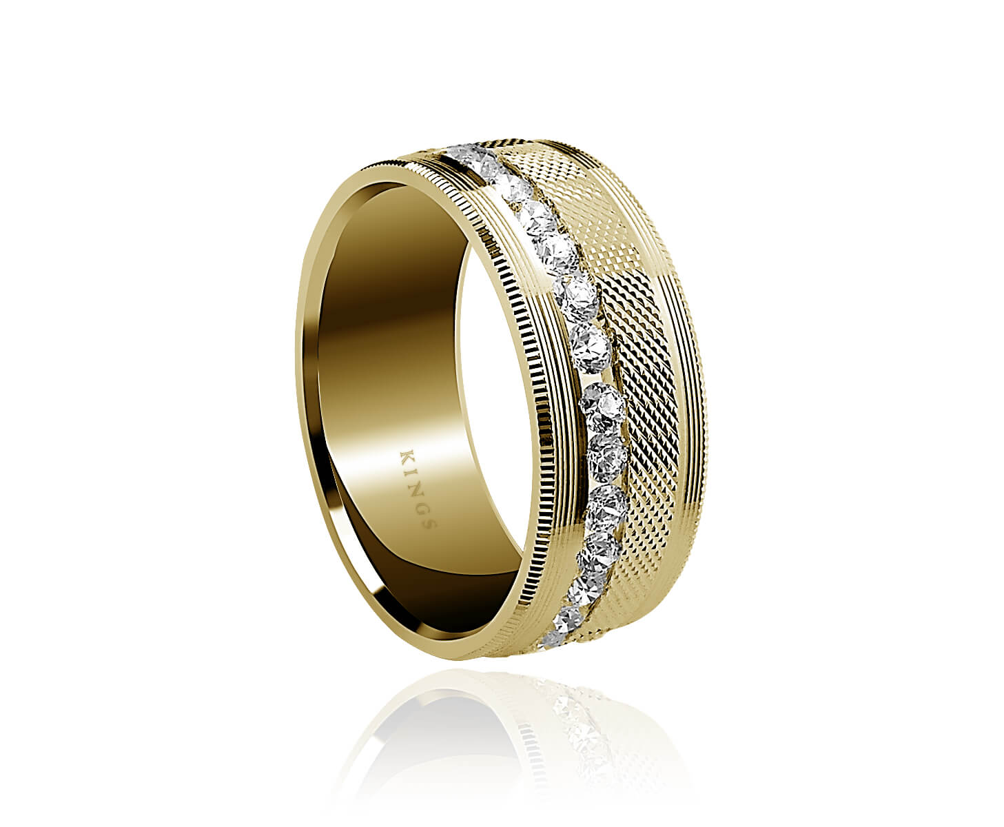 Iced Mens Ring Men's 8.50mm Textured Yellow Gold Ring with approximately 1.3 carat of brilliant cut diamonds