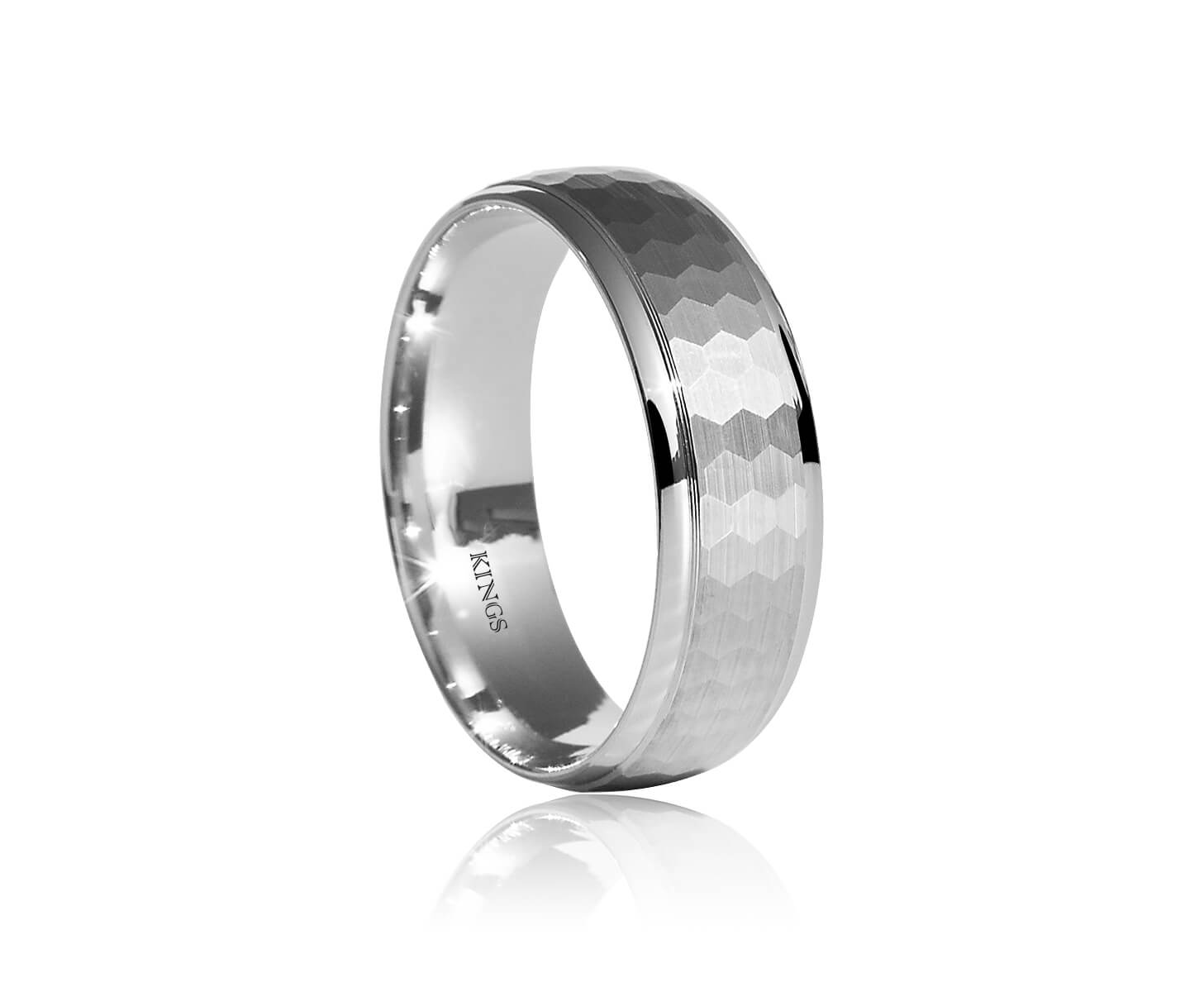 Mens White Gold Band 18 Karat Matte Hexagon Textured White Gold Ring with Comfort Fit