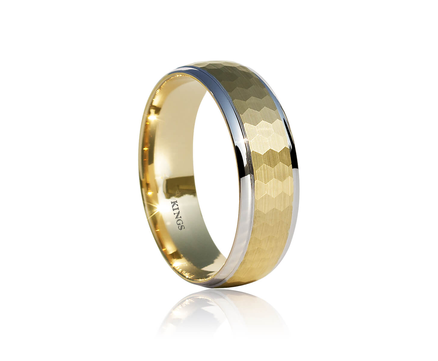 Men's Band Rings 18 Karat Matte Hexagon Textured Yellow Gold Two Tone Ring with Comfort Fit