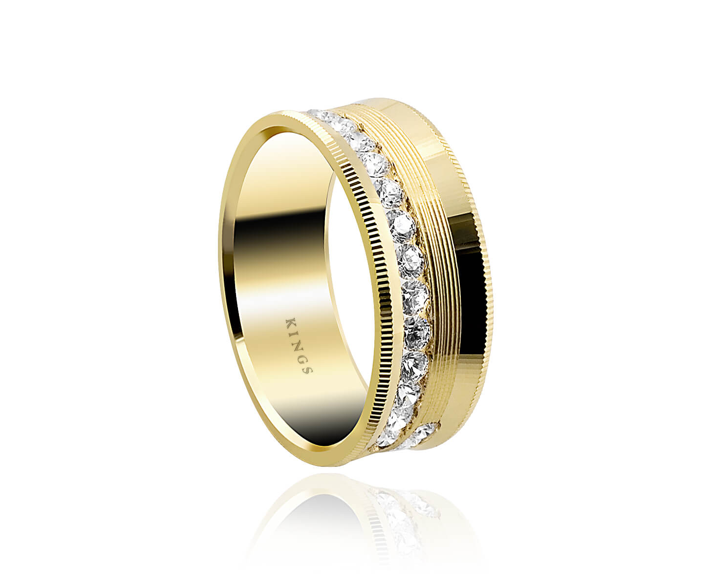 Yellow Gold Diamond Ring U shape Kings Men's 8.50mm Yellow Gold Ring with approximately 1.3 carat of brilliant cut diamonds